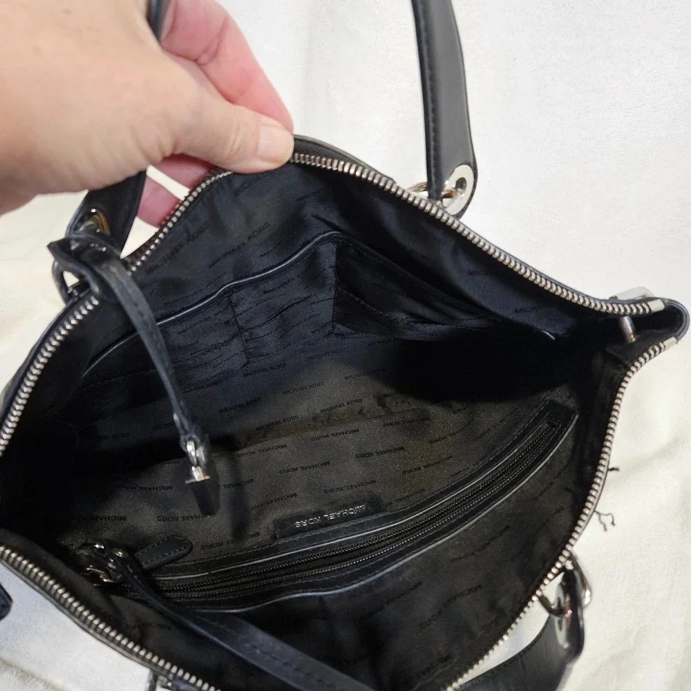 Michael Kors Black Leather Chain Trim Satchel‎ Crossbody Bag Silver Hardware